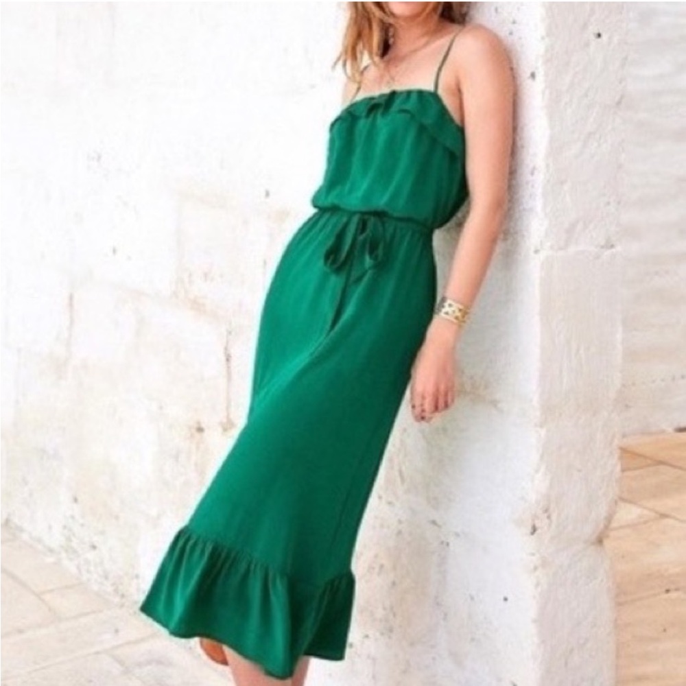 Sezane Cassandra Silk Midi Dress Green Size 40 Adjustable Straps Ruffle Hem